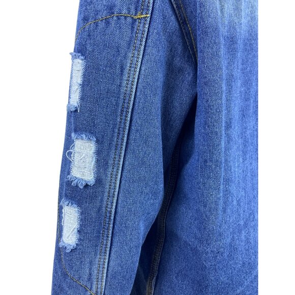 Omoone Women’s Blue Denim Jacket Distressed Pockets Button Closure Sz L - Picture 7 of 11